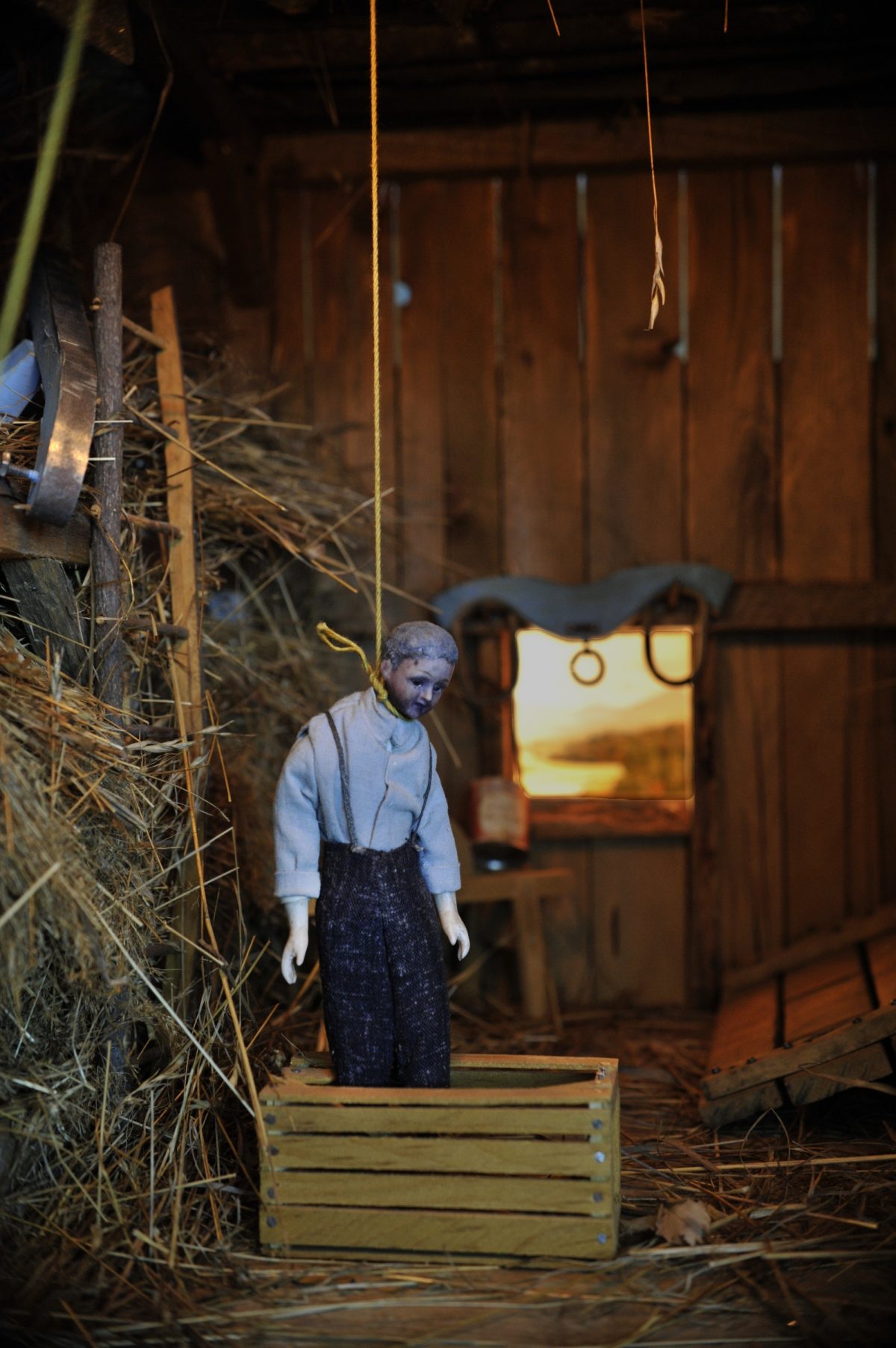 Frances Glessner Lee, Barn, also known as "The Case of the Hanging Farmer" (detail), about 1943-44. Collection of the Harvard Medical School, Harvard University, Cambridge, MA, courtesy of the Office of the Chief Medical Examiner, Baltimore, MD. Photograph by Susan Marks, Courtesy of Murder in a Nutshell documentary