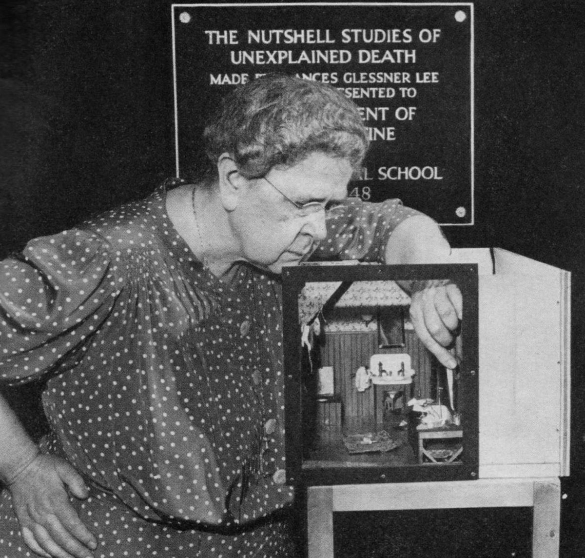 Frances Glessner Lee with her Nutshell diorama, Dark Bathroom. Image courtesy Glessner House Museum, Chicago, IL